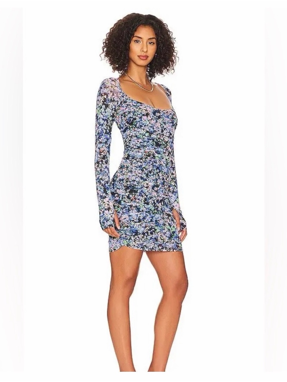 AFRM Blue Floral Scoop-Neck Long-Sleeve Mini Dress